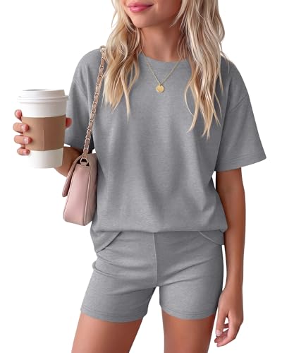 Image of Oakgarden Girls 2 Piece Outfits School Clothes | Back to School, Travel, Summer, Casual Sets, Athletic, Short Sleeve Top, Bike Shorts, Tween, Trendy, Matching Clothing, 5-14Y