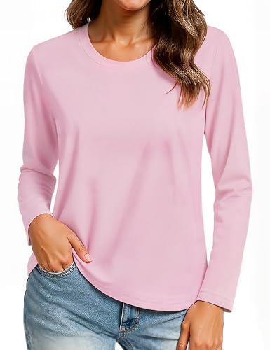 TACVASEN Long Sleeve Tops for Women Cotton Crew Neck T-Shirt Breathable Golf T Shirt Quick Dry Casual Shirts, Light Pink, XL