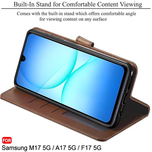 Image of TheGiftKart Flip Cover Back Case for Samsung Galaxy M17 5G / A17 5G / F17 5G | Genuine Leather Finish | Designer Button | Inbuilt Pockets & Stand | Flip Cover Back Cover Case (Faux Leather, Brown)