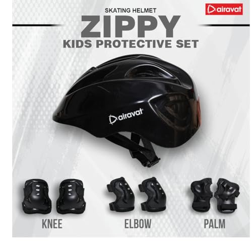 Image of Airavat 7510 Zippy Kids Protective Set Including Helmet Along with Knee Pads, Elbow Pads & Palm Guards (Black)