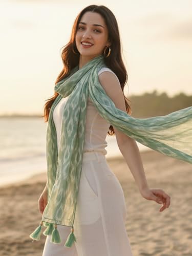 Image of KE KANHA EXPORTS Scarf for Women Boho | Border Print Stylish | Stole for Women Breathable Summer Beach Wrap with Tassels | Multicolour |180 x 50 cm
