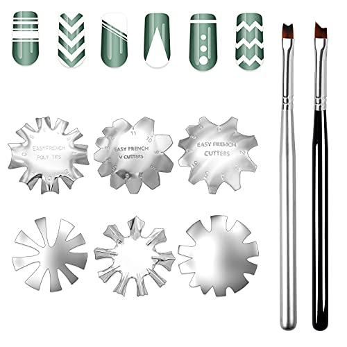 French Smile Line Cutter Kit 8 Pieces, Nail Manicure Edge Trimmer Diy Plate Module with 2 Nail French Tip Brushes for DIY Acrylic Nail Art, Stainless Steel Easy French Smile Line Gel Cutter Tool