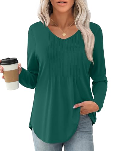 JUSTFASHIONNOW Long Sleeve Shirts for Women Fall Tops Pleated Ladies Dressy Casual Blouses V Neck Christmas Loose Fit Tunic Tops to Wear with Leggings (Dark Green, Small) — view 4