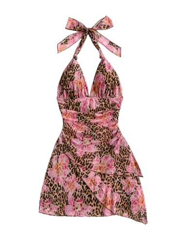 Image of SOLY HUX Women's Y2K Summer Beach Halter Mini Dress | Retro Floral Dress, V Neck, Backless, Club Nightout, Sexy Going Out Clothes, Birthday Dress