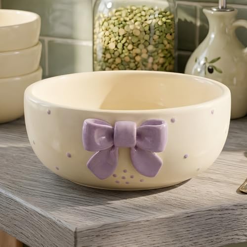 Image of Ceramic Bowl, 3D Lavender Bow Design, 450 ml, Set of 1, Lavender and White, Microwave Safe, Round, for Cereal, Pasta, Dessert, Noodle, Snack and Soup, 1 Ceramic Pasta Bowl