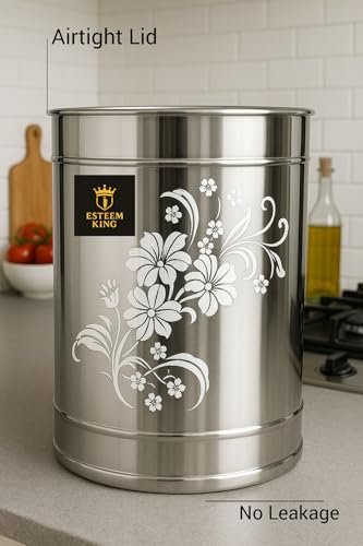 Image of Esteem King Stainless Steel Storage Box Drum with Laser Etching Aata Rice Drum Food Storage Containers Steel Tanki Steel Dabba Keeper for Kitchen Food Items (Pack of 1) (18)