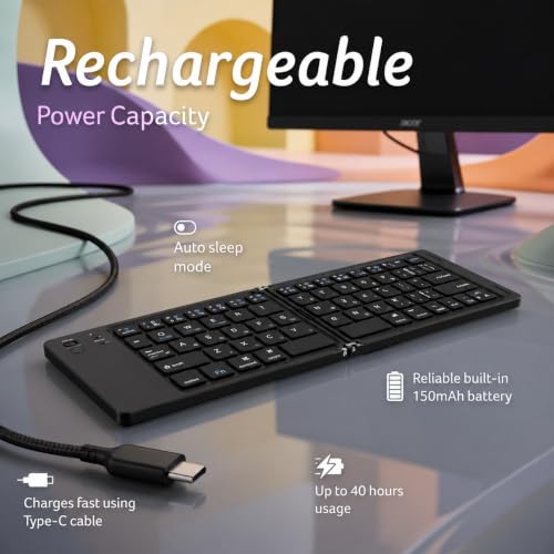 Image of Tobo MiniFold Foldable Bluetooth Keyboard, Ultra Portable 66-Key Wireless Keyboard, Bluetooth 5.0, Rechargeable Battery, Type-C Charging, 150mAh Battery, for Windows, Android,Laptops TD-B028B