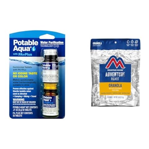 Potable Aqua Water Purification Tablets Two 50ct Bottles and Mountain House Granola with Milk & Blueberries Freeze Dried Backpacking Food 2 Servings Cover