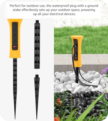 Extensión CCCEI a prueba de agua para exterior con estaca, 4 tomas, protector contra sobretensión de 1200J, cable de 1.83 m, color amarillo miniatura 3