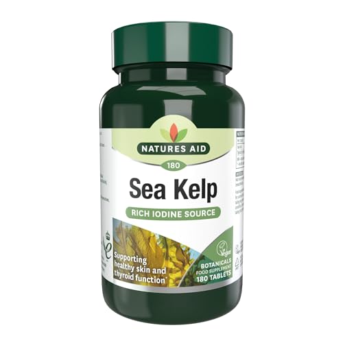 Natures Aid Sea Kelp 187mg 180 Vegan Tablets High Strength Iodine Supplement Supports Thyroid Function & Skin With Calcium Gluten Free Natural Source No Artificial Additives