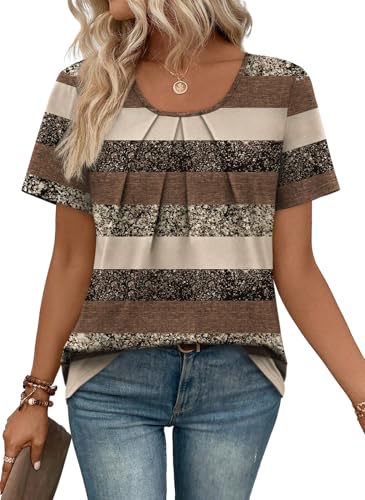 Image of WIHOLL Women T Shirts Pleated Short Sleeve Tops Business Casual Dressy Blouses