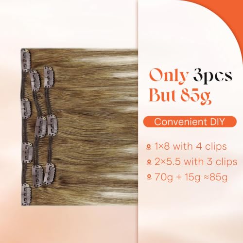 Image of Sunny Hair Clip in Hair Extensions Real Human Hair Brown Ombre 20 Inch | Remy Hair Extensions Clip in Human Hair Light Brown Ombre Balayage Platinum Blonde, Lightweight Movement for Date Night 85g