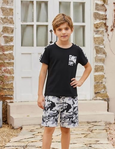 Image of mksodopy Boys Summer Outfit Set 2 Piece T Shirt and Camo Shorts Casual Clothes for Little Big Boys 5-16