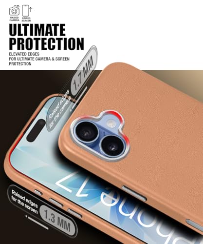 Image of WOW IMAGINE Back Cover for iPhone 17 | Shockproof Tough Leather Texture Hard Mobile Case | Ultra Slim Non-Slip Grip | Inner Velvet Fabric | Metal Camera Ring - Tan Brown