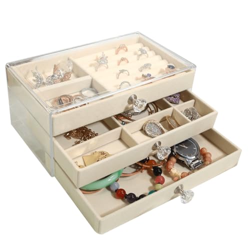 XINHONGJIN Joyero con tapa acrílica, organizador de joyas de 3 capas, 2 cajones, para joyas grandes y pequeñas, caja de joyería de terciopelo, 23,5 x 13,5 x 10,5 cm (beige)