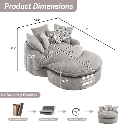 Image of 54 inch Round Chaise Lounge with Ottoman Big Bean Bag Round Sofa Bed Oversized Round Couch Boneless Reading Chair Comfy Plush Chenille Large Chaise Chair for Living Room, Apartment, Light Gray