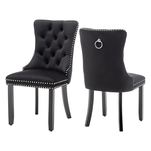 Image of Virabit Velvet Dining Chairs, Tufted Upholstered Dining Chairs with Nailhead Back and Ring Pull Trim, Solid Wood Dining Chairs for Kitchen /Bedroom /Dining Room (Black, Set of 2)