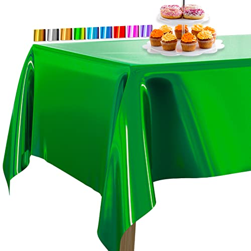 Image of PartyWoo Green Foil Table Cover, 54 x 108 Inch Rectangle Waterproof Tablecloth for 6 to 8 Foot Tables, Disposable Plastic Party Tablecloth for Christmas Graduation Birthday Party Decorations (1 Pack)