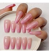 VESWEET French Tip Press On Nails - Long Coffin Shape, 2 Types of Glue, Supremely Fit Natural Sti...