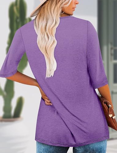 KISSMODA Tunic Tops for Women Loose Fit Dressy Round Neck Pleated 3/4 Length Sleeve Spring Tops
