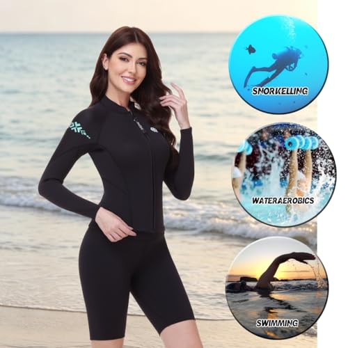 Chaqueta top de traje de neopreno para mujer para natación en agua fría, buceo, esnórquel y surf con cierre frontal y manga larga miniatura 4