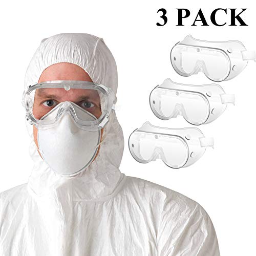 Safety Goggles 3 Pack, Anti-Fog Eye Protection Glasses, Lightweight Dustproof Over-Glasses, Clear Wide-Vision