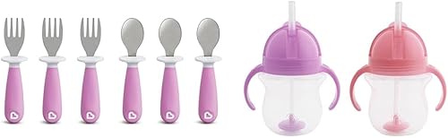 Munchkin® RaiseTM 6pc Toddler Fork and Spoon Set and 2pk 7oz Weighted Straw Trainer Cups, Pink/Purple
