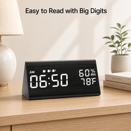 JALL Wooden Digital Alarm Clock for Bedrooms and Office, 3 Alarms with Big Digits, Humidity and Temperature Display, 6-Level Dimmer, Snooze, Loud Desk Clock for Heavy Sleepers, Plug in (Black) - Image 2
