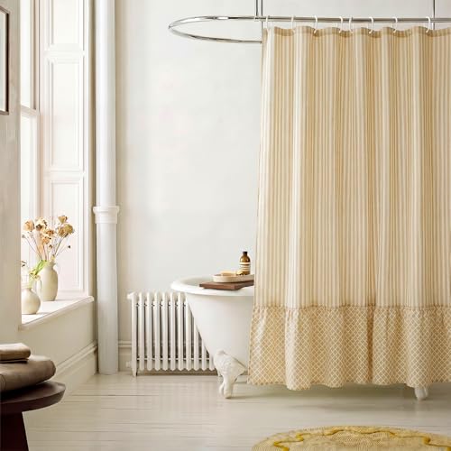Batiyeer Linen Ruffle Shower Curtain 72x72 Inches Yellow Striped Shower Curtain Boho Striped Cottage Core Bathroom Decor Set for Farmhouse Country Bathroom Home Decor