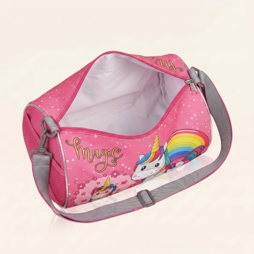 Image of Kids Unicorn Duffle Bag for Girls | Pink Magic Rainbow Barrel Travel Bag | Lightweight Polyester Shoulder Bag for School, Gym, Swimming, Dance, Picnic & Weekend Trips | Age 3-12 Years (Unicorn)