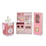Teamson Kids Little Chef Savannah 3-teilige modulare Holz-Kinderküche in Pink mit Eismaschine und 21 Zubehörteilen
