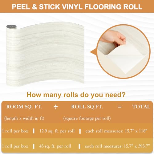 Oxdigi Vinyl Flooring Roll Peel and Stick - 15.7\" x 118\" (12.9 Sq.Ft) | Removable Self-Adhesive Wear-Resistant Vinyl Floor Tiles Wood Plank |Waterproof for Bathroom, Kitchen... | Whitewashed Oak - Thumbnail 6