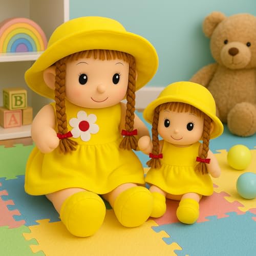 Image of Yellow Plush Doll Set, Stuffed Toy Dolls with Braided Hair and Sun Hats, Mother Daughter Matching Outfit, Girls Gift
