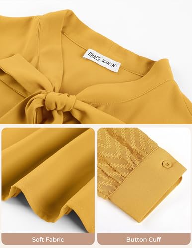 GRACE KARIN Women Bow Tie Neck Tops 2026 Fall Lace Long Sleeve Blouse Business Dressy Casual Shirt Work Office Formal Yellow Large — view 5