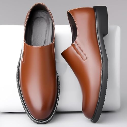 Men’s Slip-On Dress Shoes – Round Cap Toe Patent PU Leather Formal Business Loafers with Anti-Slip Rubber Sole Brown3