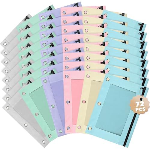 Image of Lanpn Pencil Pouch for 3 Ring Binder 72 Pack, Pastel Binder Pen Bags Bulk with Zipper, Aesthetic 3 Holes Pencil Holder Organizer for Boy Girl Kids School Student, Reinforced Grommets & Clear Window