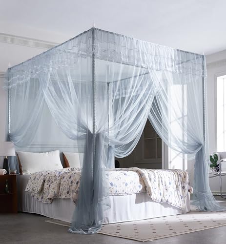 Nattey 4 Corners Canopy Bed Curtains Bed Canopy Canopies for Girls Princess Boy Bed (Queen, Gray Blue)