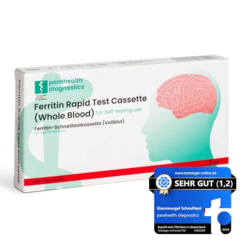 parahealth Diagnostics - Prueba rápida de ferritina por deficiencia de hierro, autocomprobación de hierro para el hogar, resultado en 5 minutos, fiable y preciso, fácil de usar, calidad de laboratorio