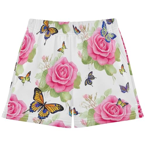 Girls Lounge Athletic Shorts Pink Roses Butterflies White Comfy Casual Floral Print Pajama Summer Clothes, X-Small