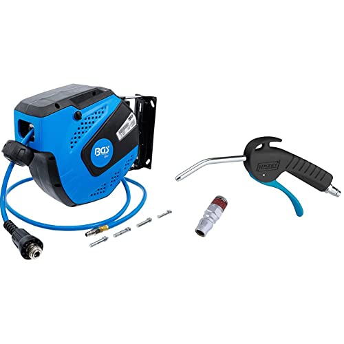 BGS 3297 | Druckluftschlauch mit Aufroller | automatisch | 10 m + 1,5 m Zuleitung & HAZET Ausblaspistole 9040P-1 | 100 mm lange, gebogene Drüse, 6 Bar Betriebsdruck mit ergonomischem Handgriff