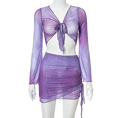 Image of Women's Sexy Long Sleeve 2 Pieces Sheer Mesh Cover Up Dress Crop Top Bodycon Ruched Y2K Mini Skirt Sets