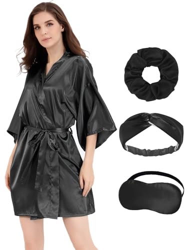 Image of MORFORU Women Bride Bridesmaid Silky Satin Kimono Robe Solid Color Sleepwear for Wedding Party Getting Ready, Short
