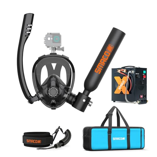 SMACO Mini Scuba Tank with Full Face Mask 0.5L Diving Tank Support Underwater Breath Support 30ft of Diving Depth, Portbale Pony Bottle with Hand Pump for Shallow Water Diving Emergency Rescue