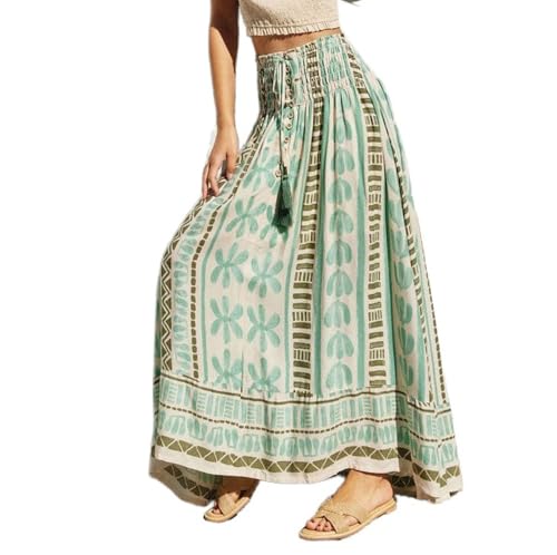 Women's Bohemian Floral Printed Maxi Skirt Summer Elastic High Waisted Skirts Casual Tassel Tie Beach Long Skirt