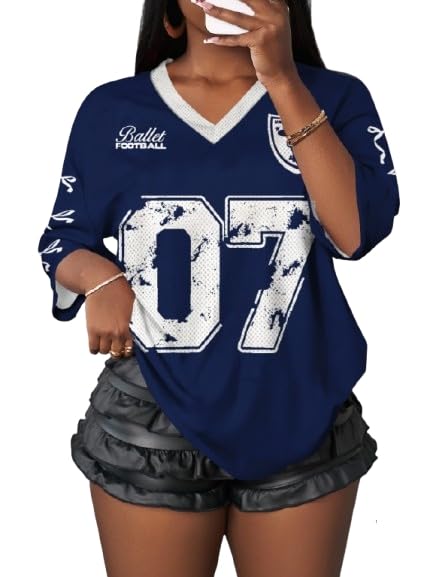Image of RoseSeek Women's Jersey Shirts Number Graphic V Neck Football T Shirts Tops