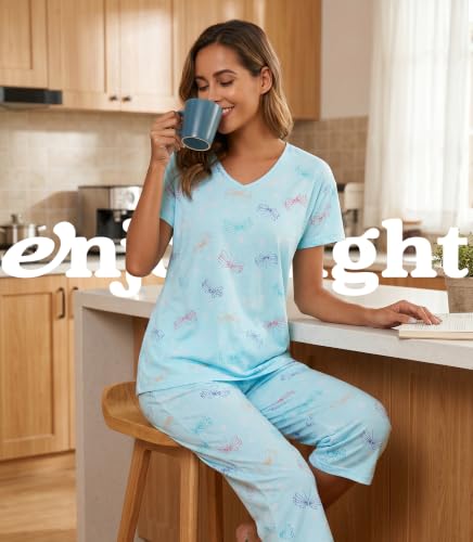 Image of ENJOYNIGHT Womens Pajama Sets Cotton Pj Set Short Sleeve Top With Capri Pants Sleepwear 2 Piece Lounge Set