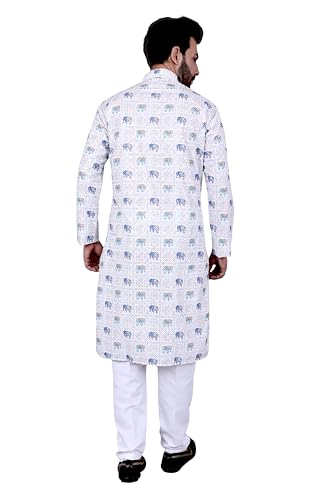 Men Blue Elephant Printed Kurta with Pajama, Mandarin Collar, Regular Fit2