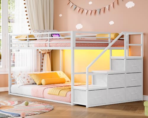 Image of Bunk Bed Twin Over Twin with Storage Stairs, Metal Bunk Beds for Kids