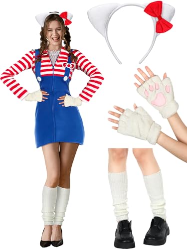 Janmercy 3 Pcs Halloween Kitty Costume Accessories Set, Include Cat Ear Headband, Paws Gloves, Knitted Leg Sleeves for Adults Women Cosplay Party Red,White
