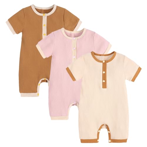 Grenouillères bébé filles amropi en coton, lot de 3 combis manches courtes 0-18 mois